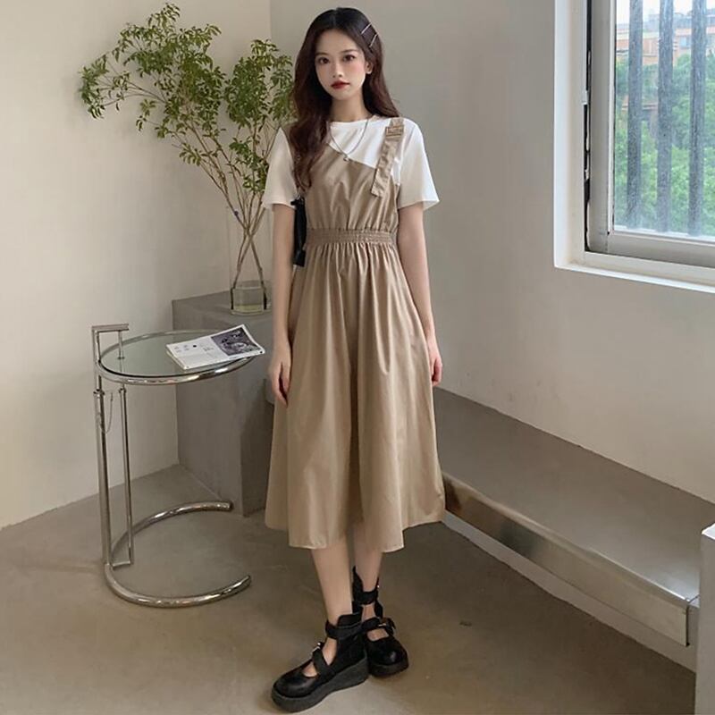 [YUNXI Series] ★One Piece★ 2color Short Sleeve Dress Switching Fake Layered Large Size Brown Black