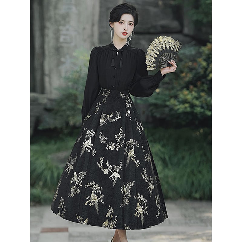 [BAIRIMENG Series]★China Style Skirt★Bottoms Floral Skirt Women's Temperament Enhancement Black Black