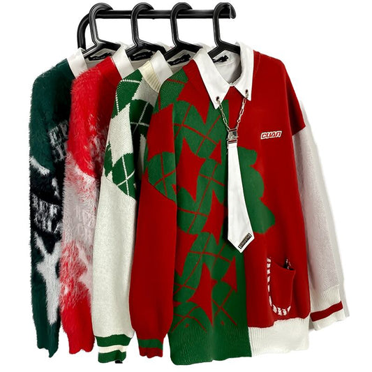 [GUOCHAO Series] ★Sweater★ 2color Tops Christmas New Year Diamond Shape Unisex Men's Red Green