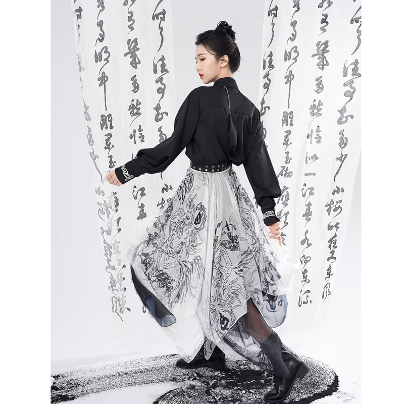 [Kyoto series]★China style skirt★ 2color bottoms chiffon irregular cute easy to match white black