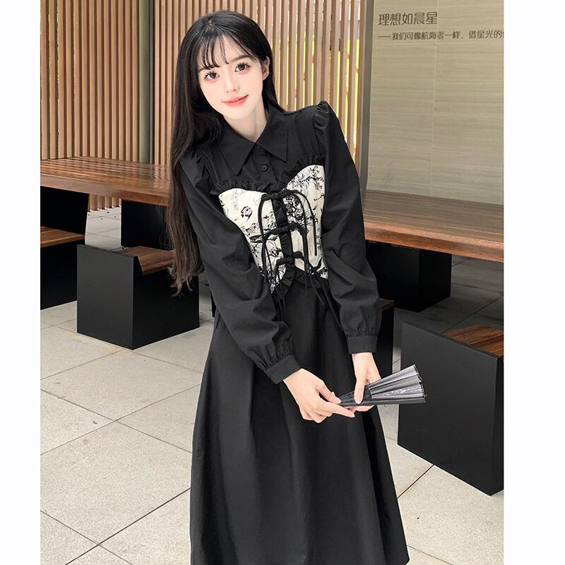 [Dong Xiaojie Series] ★China style dress★ Ink pattern long sleeve dress long length dress black black large size slimming