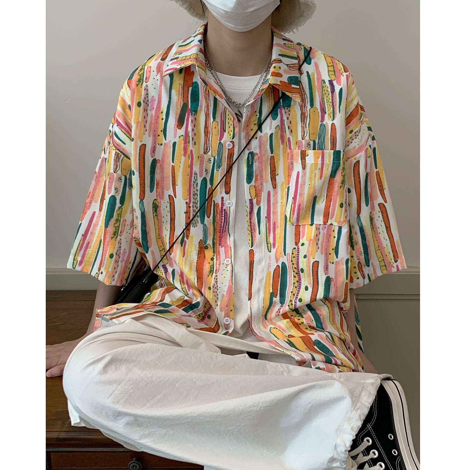 [Emeisa Series]★Shirt★ Tops 2color Short Sleeve Shirt Unisex Men's Vertical Striped Striped Pattern Blue Orange