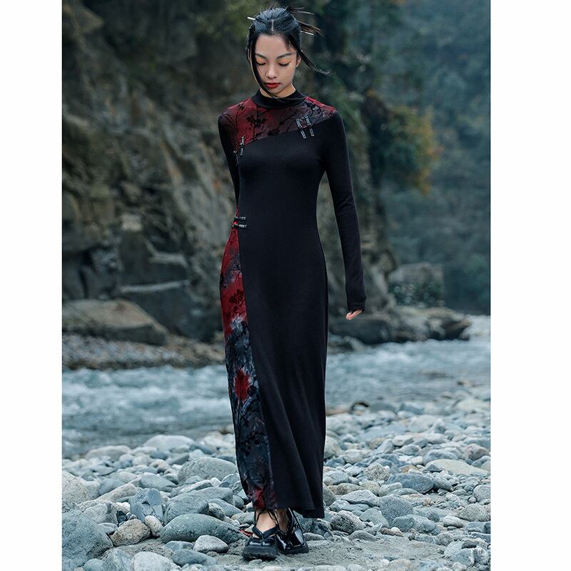 [Daiseiryusu series] ★China style dress★ Knit dress, changeover, Chinese button, slim fit, slim