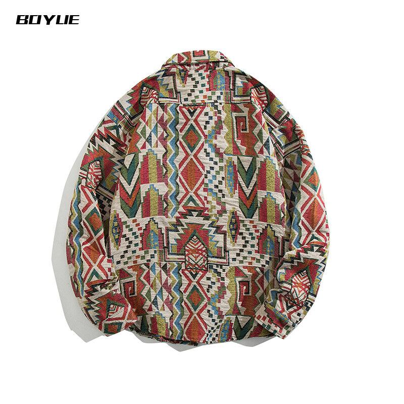 [BOYUE Leeds] ★Retro Shirt★ Shirt Jacket Long Sleeve Shirt Tops Unisex Casual Ethnic Style Shirt Print