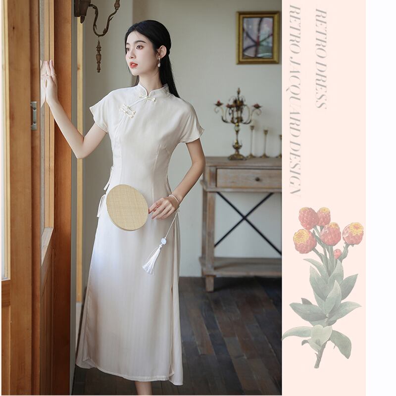 [Tatsuko Chenis Series] ★China style dress★ 2color dress coming of age ceremony girls' night out date short sleeve dress summer clothes green beige chiffon cool