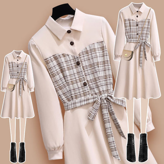 [MEIYI Series] ★One Piece★ Switching Plaid Shirt Dress Long Sleeve Improves Temperament