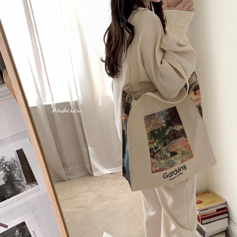 [Andcici---Gardens Series]★Bag★ Tote bag, canvas bag, large capacity, date, floral pattern, oil painting style, color scheme, casual