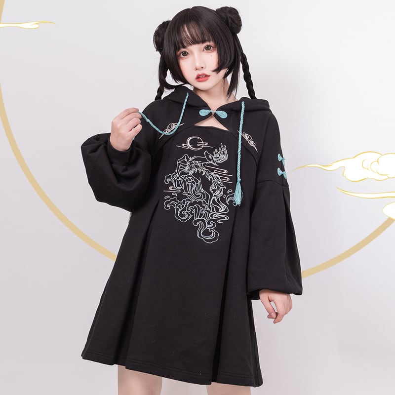 [Ochaya Series]★China style dress★ 2color black or white embroidery parka dress Chinese button cute