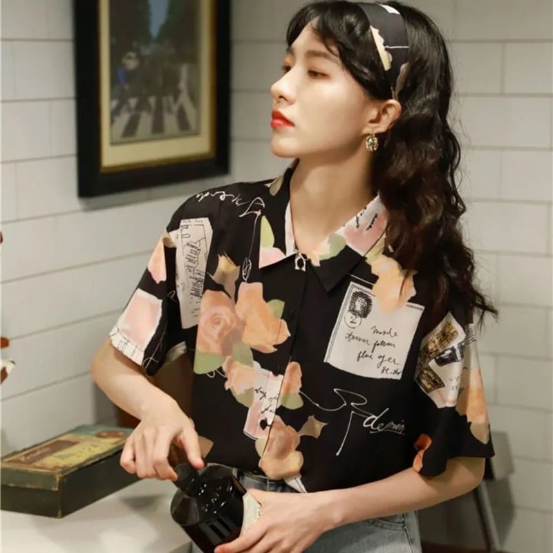 [YOUZI Series]★Retro Shirt★ Short Sleeve Shirt Tops Print Retro SML XL Thin Black Black Easy to match