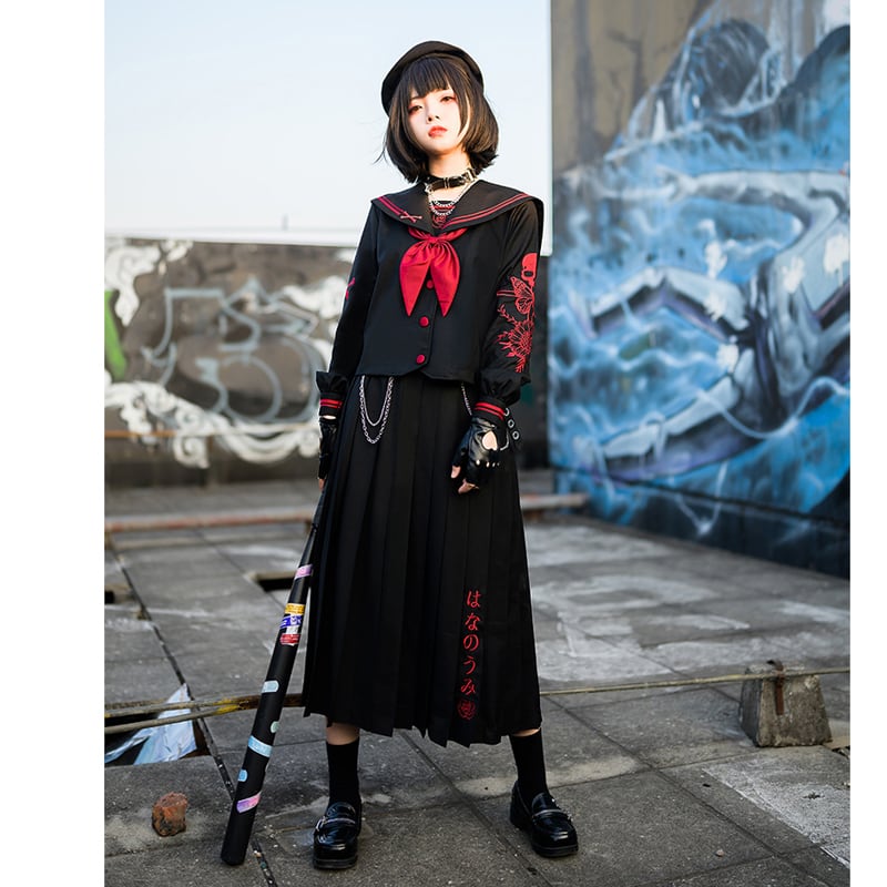 [Nansha Series] ★ Setup ★ 2color Black White or Red Tops + Skirt + Bow Tie 3-piece set Sailor uniform JK style Bad girl Skull