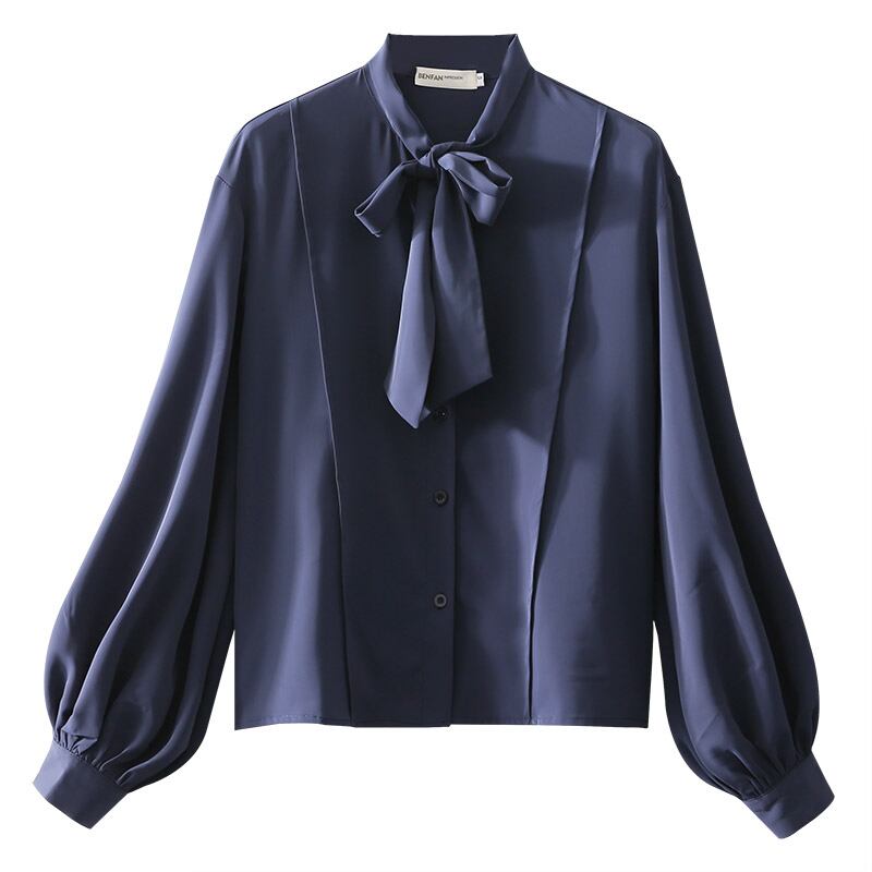 Shirt Blouse Tops Outerwear Women's Fashion New Korean Style Simple Elegant Commuting OL Office Ribbon Neck Single Breasted Lantern Sleeve SML Blue Plain Chiffon