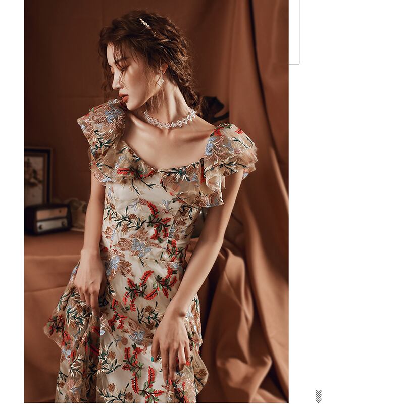 [YUWANRU Series] ★Party Dress★ Embroidery Dress Floral Pattern Sexy Party Dress Wedding