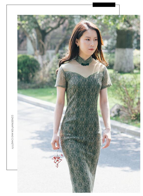 Chinese dress, One-piece dress, Improved Chinese dress, Chinese style clothing, Stand neck, Short sleeves, Long length, Elegant, Slimming, Elegant, Large size, SML, XL, 2XL, 3XL, Lace, Green, Green