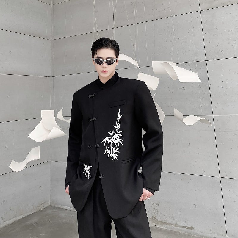 [Illustrated series] ★China style blazer★ Outerwear bamboo unisex men's black black ML XL print