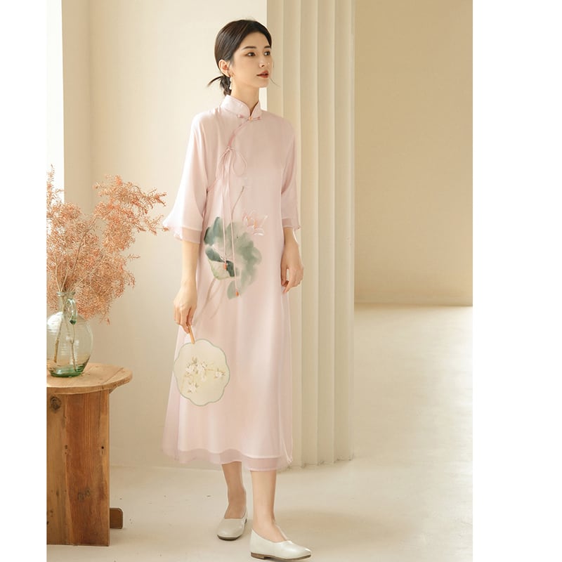 [Shimu Series] ★Chinese style dress★ Elegant Chinese clothes Tang suit Retro print Summer clothes Lotus Pink