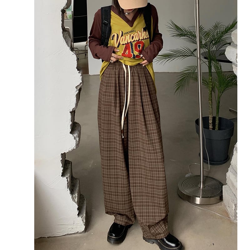 [Kumikumi Series] ★Casual Pants★ 2color Bottoms Trousers Casual Plaid Pattern Black Coffee Color Elastic Waist