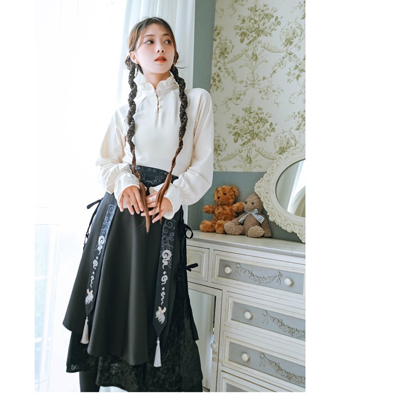 [Ancient monster house---Shanhai-kei series] ★China style skirt★ Velvet with belt Thick Black Black S M L XL