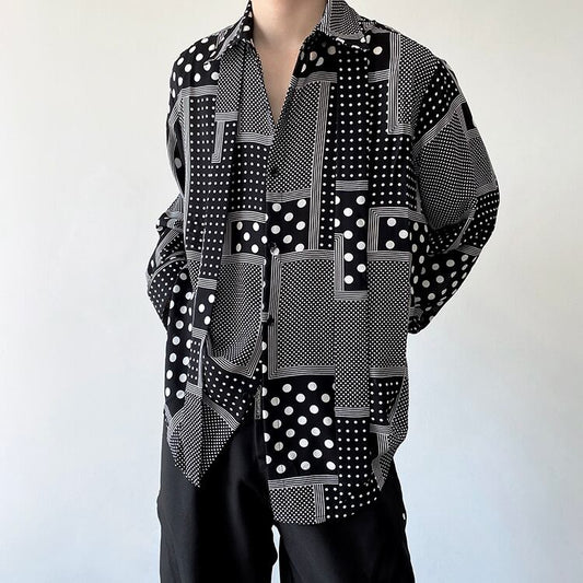 [ZHUIYI Series]★Shirt★ Tops, long sleeve shirt, plaid pattern, dot pattern, unisex, men's, thin, cool, black, black