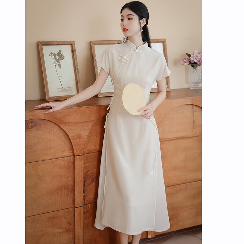 [Tatsuko Chenis Series] ★China style dress★ 2color dress coming of age ceremony girls' night out date short sleeve dress summer clothes green beige chiffon cool