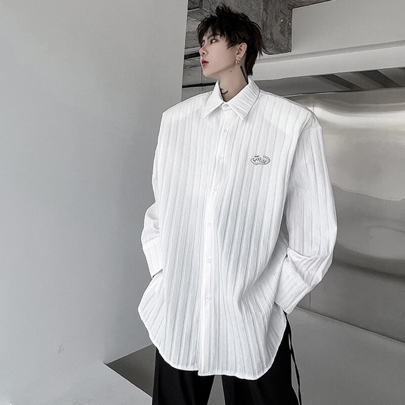 [Illustrated Series]★Shirt★ Tops 2color Unisex Men's Vertical Stripes Loose Black White Fashion Spring Clothes