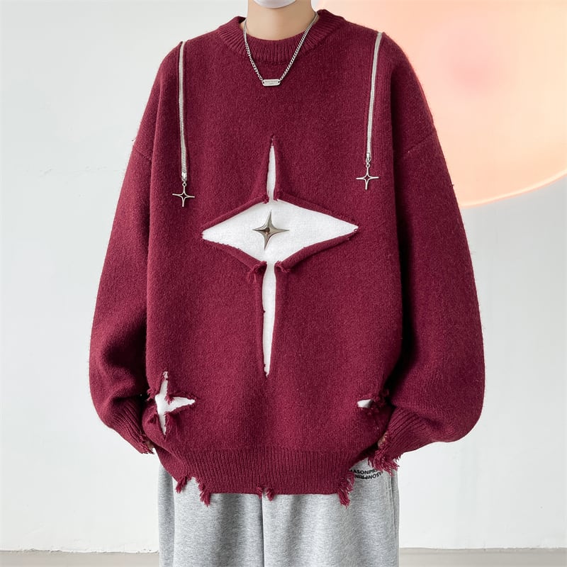 [YOULIN Series] ★Sweater★ 3color Tops Knit Tops Design Star Unisex Men's Large Size Black Wine Red Pink