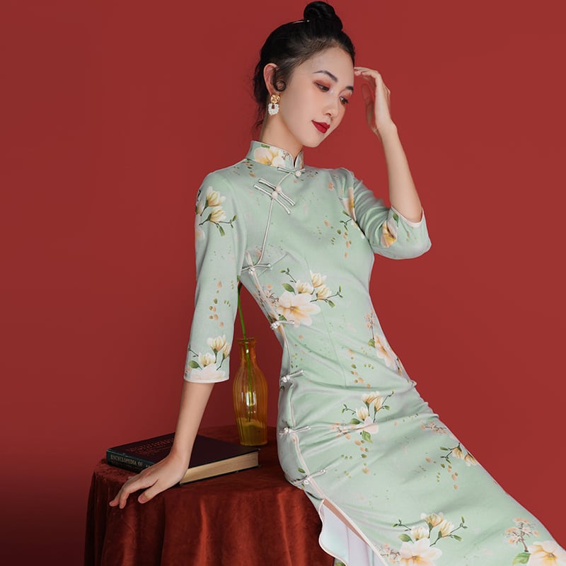 [Agoya Yui Series]★Cheongsam dress★ Floral pattern dress Green Fresh literary style Long length