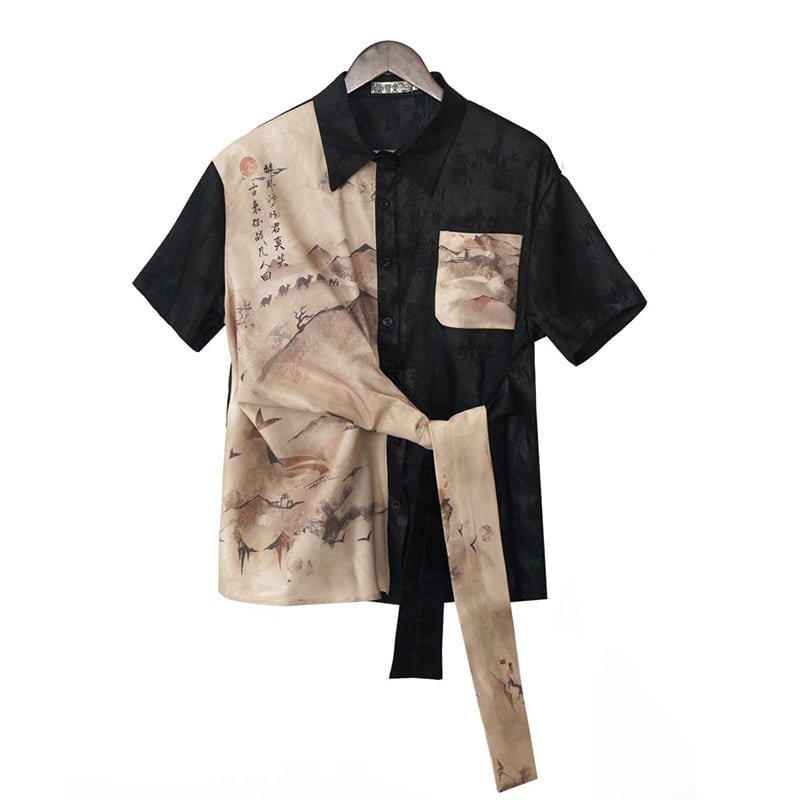 [Kyodo Series]★China style shirt★ Tops, letter pattern, unisex, men's short sleeve shirt, cool, unique, original