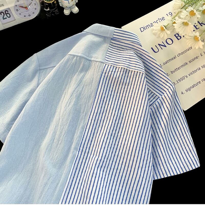 [Fujiiman Series]★Shirt★ 2color Tops Short Sleeve Shirt Unisex Men's Vertical Striped Striped Pattern Blue White SML XL 2XL 3XL