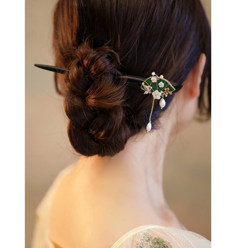 [Ma series] ★China style hair ornament★ 1 hairpin, ladies accessories, folding fan, sense green, improves temperament