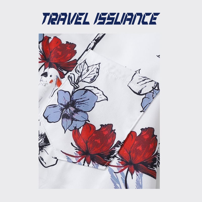 【TRAVEL ISSUANCEシリーズ】★花柄シャツ★ アロハシャツ 沖縄 ハワイ トップス 海辺 半袖シャツ 男女兼用 メンズ 白 青 赤