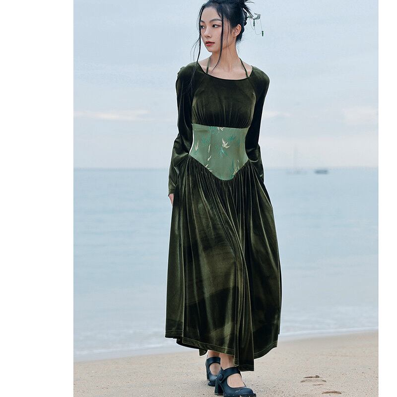 [Big Blue Dragon Series] ★China style dress★ Switching velvet bamboo embroidery green sexy