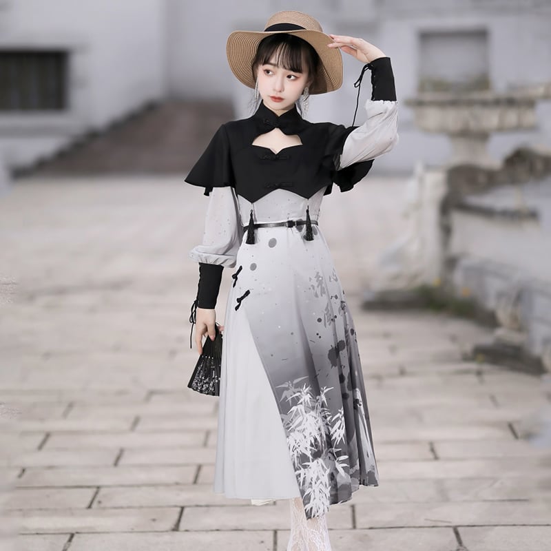 [Kaede bamboo --- Seinenyu series] ★Chinese style dress★ Fake layered Chinese clothing cute print retro