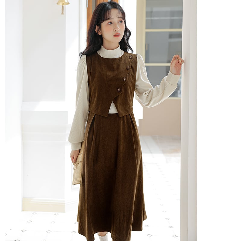 [CHIC Series] ★One Piece★ Faux Layered Corduroy Coffee Color Date Improves Temperament