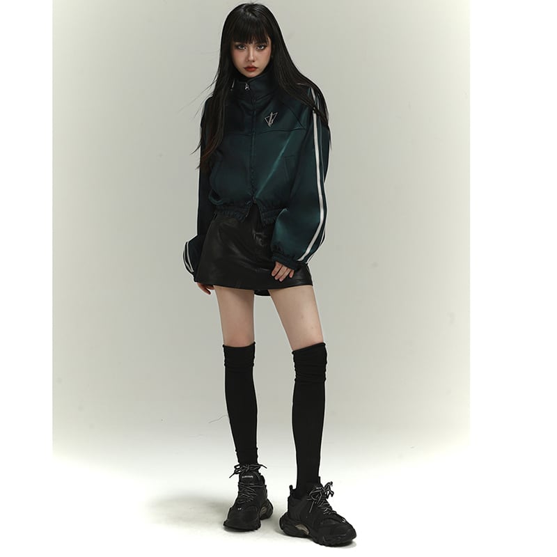 [LadyGhost Series] ★Outer★ Jacket Short Length Stadium Jumper Retro Green Green Easy to match