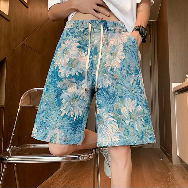 [WRZB Series]★Pants★ Oil Painting Style Shorts Shorts Unisex Men's Blue Blue Large Size