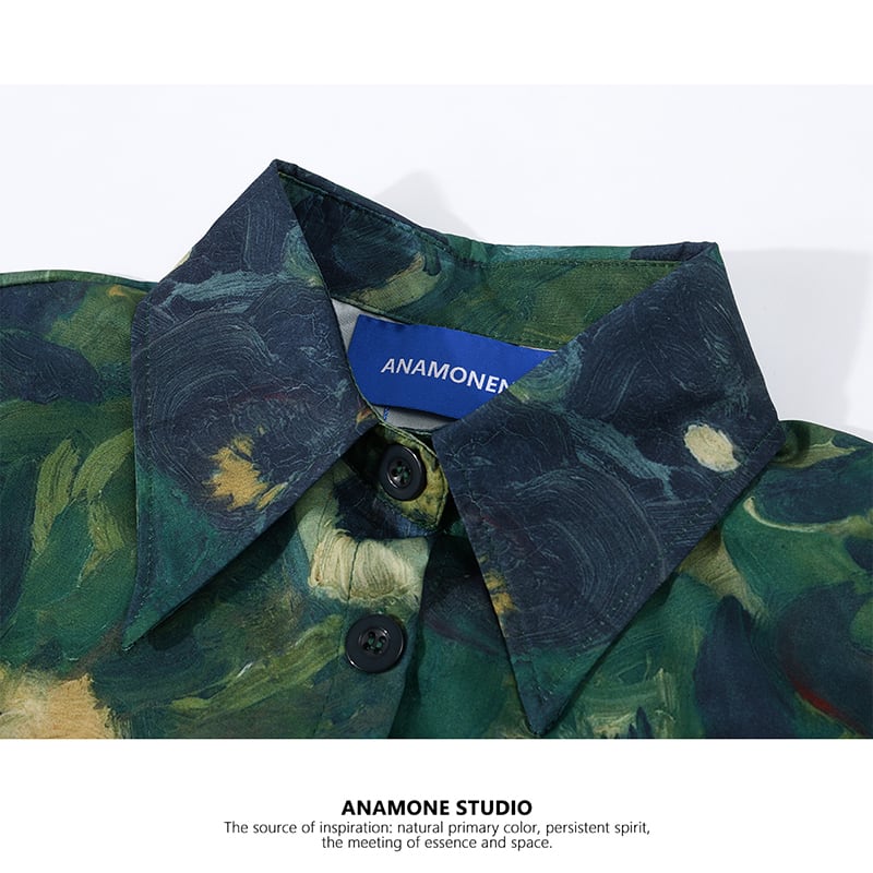 【ANAMONE STUDIOシリーズ】★花柄シャツ★ トップス 半袖シャツ 油絵風シャツ レトロ S M L ショート丈 グリーン