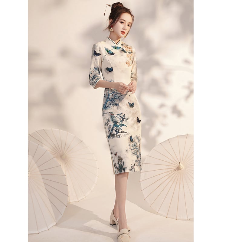 [Bacho Senko Series] ★Cheongsam dress★ Dress, long length, butterfly, elegant, large size, slim