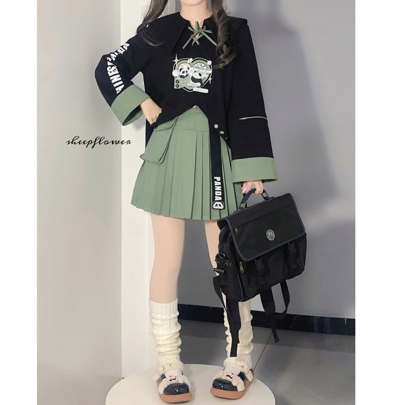 [Dust Smoke Cloud Dream---Dynamic Danko Series] ★Skirt★ Bottoms Pleated Skirt Green Green Panda S M L XL Cute Easy to match