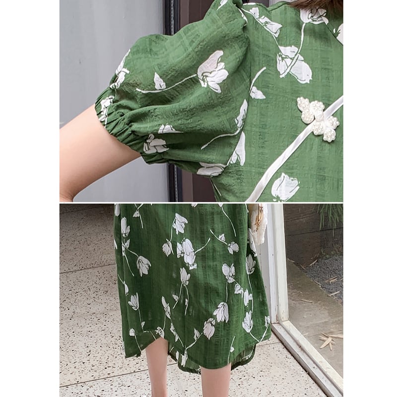 [Weice series] ★China style dress★ Improved cheongsam dress Floral pattern dress Slimming green Green