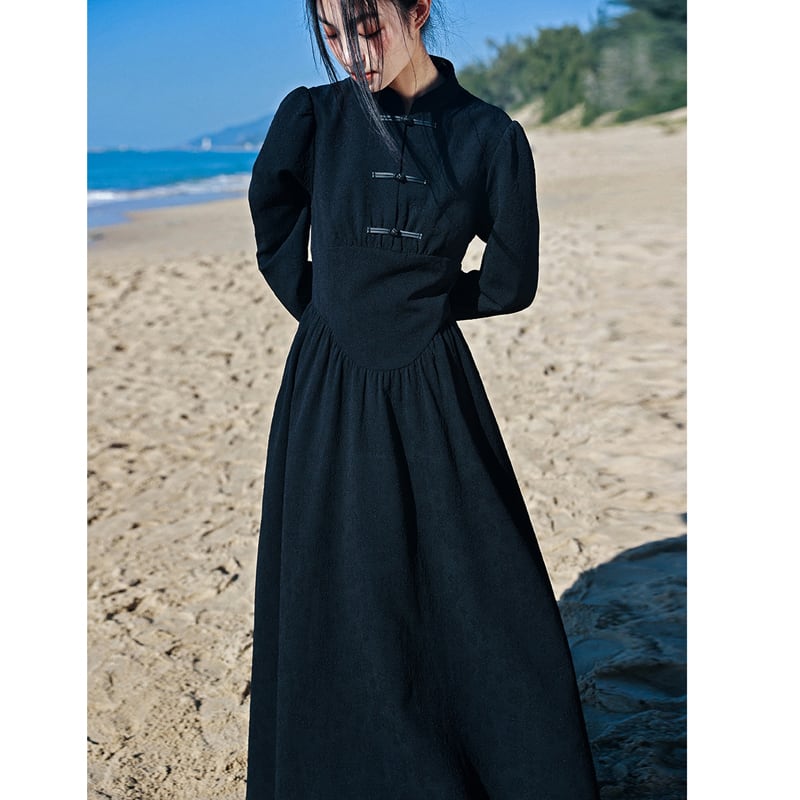 [Da Qinglong Shu Series] ★Chinese style dress★ Long length Chinese clothing Original Black Black Improves your temperament