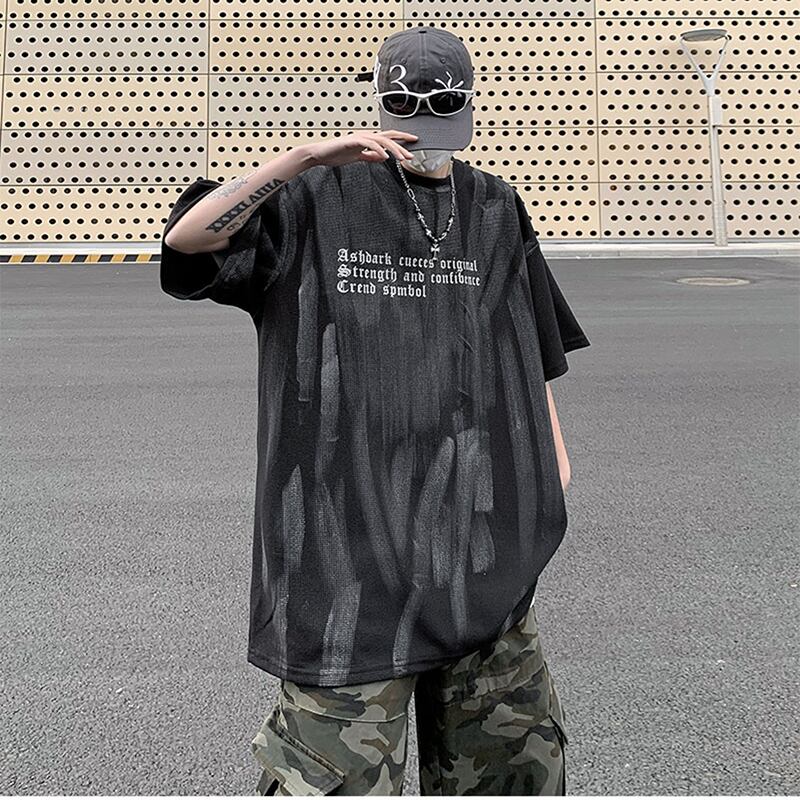 [WENYI Series]★T-shirt★ Tops 2color Unisex Men's Short Sleeve Graffiti Fashion Black Black