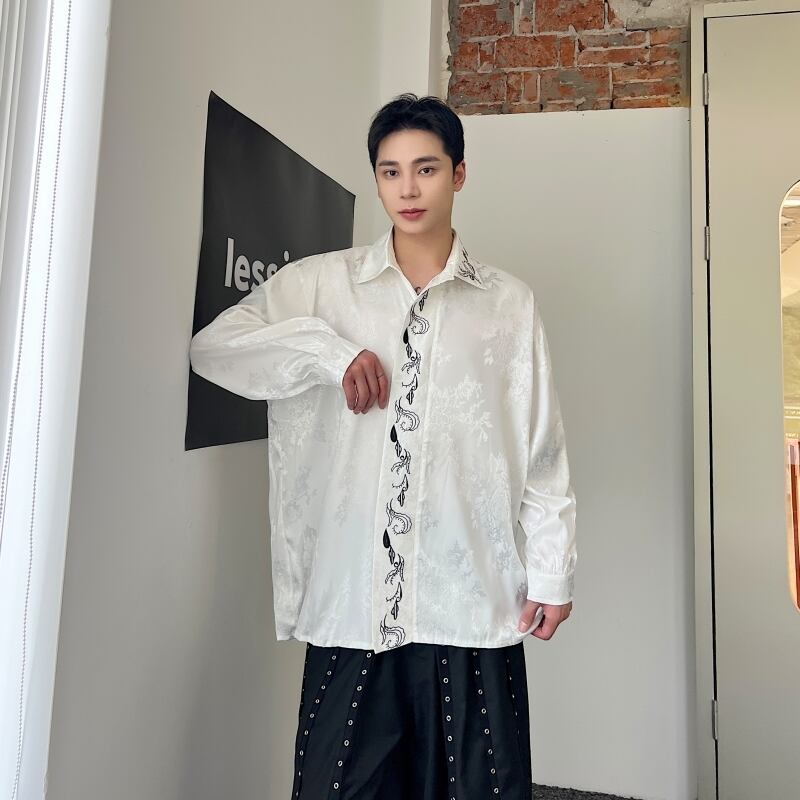 [Illustrated series] ★China style shirt★ Embroidery 2color tops long sleeve shirt unisex men's loose fit black white