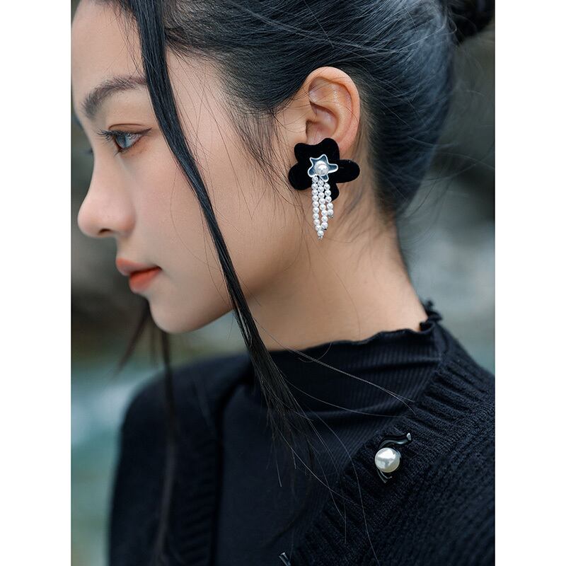 [Ko Qinglong Shu Series] ★China Style Earrings★ Pair Earrings Women's Accessories Flower Black Easy to Match