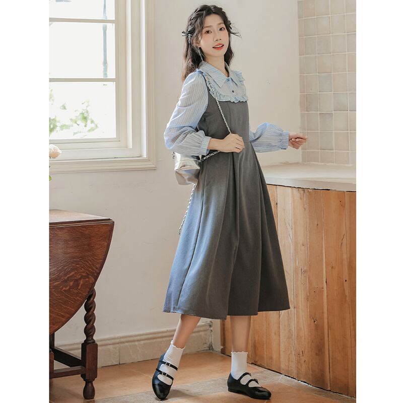 [DANSAIZI Series] ★One Piece★ Faux Layered Ladies' Work, Date, School, Easy to Match, Gray, Gray