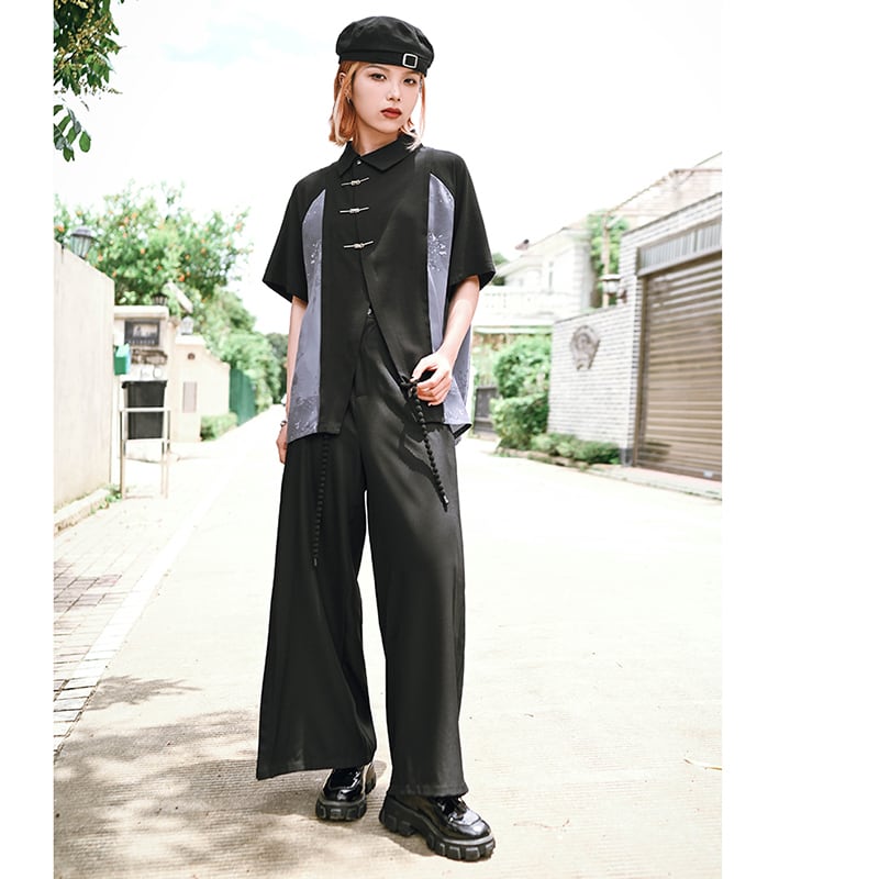 [Ancient monster---Long wind series]★China style pants★Bottoms Gaucho pants with belt Black Black