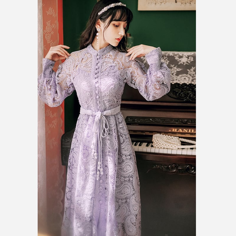 [Kasa no Castle Series] ★China style dress★ 3color black or beige or purple lace dress for dates, weddings, commuting, improving temperament