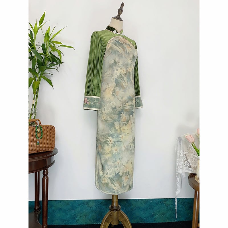 [Features---Flower language series] ★Cheongsam dress★ 2color dress Improves temperament Changeable floral pattern Green Pink