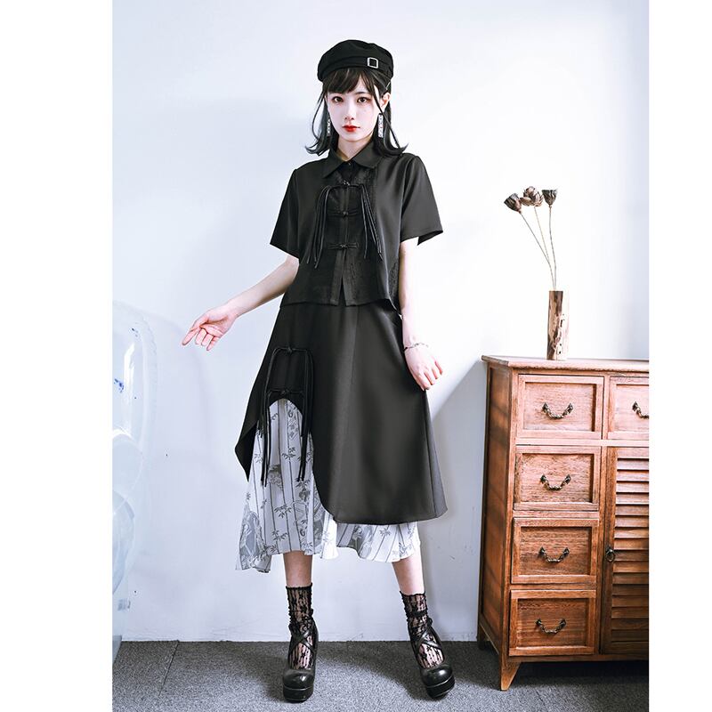 [Kokaisha---Bamboo Series] ★Chinese style skirt★ Fringe Chinese clothing Original Color scheme Irregular Black Black