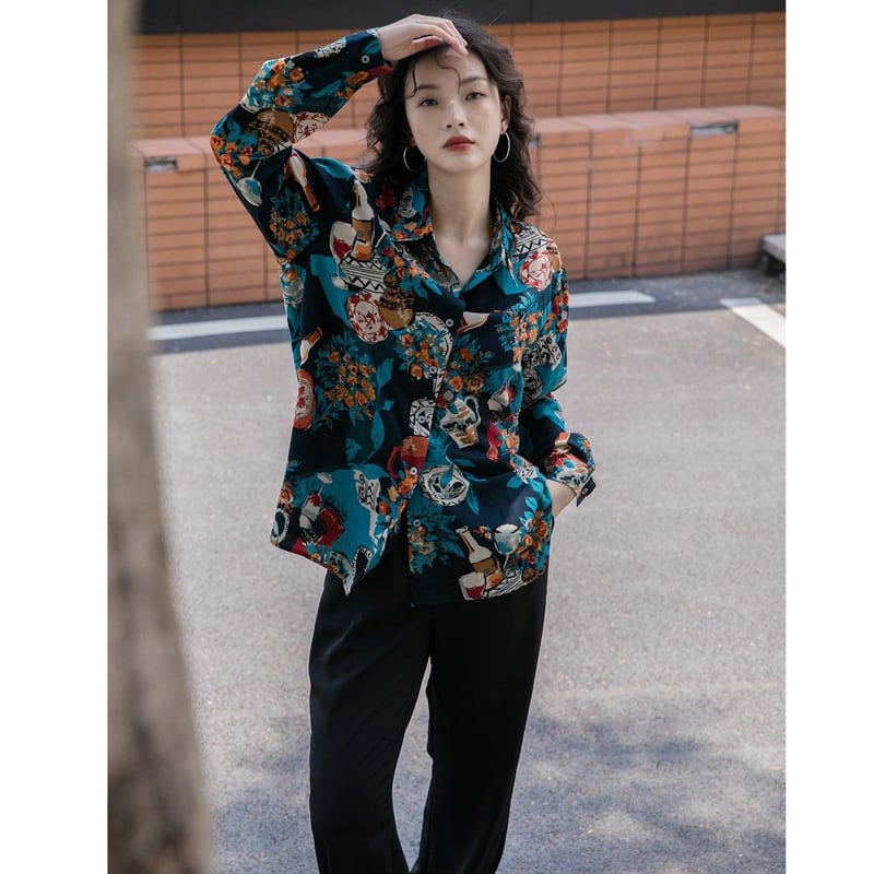 [YOUZI Series]★Shirt★ Tops, oil painting style, floral pattern, loose, retro, commuting, dating, ladies, unique, cute