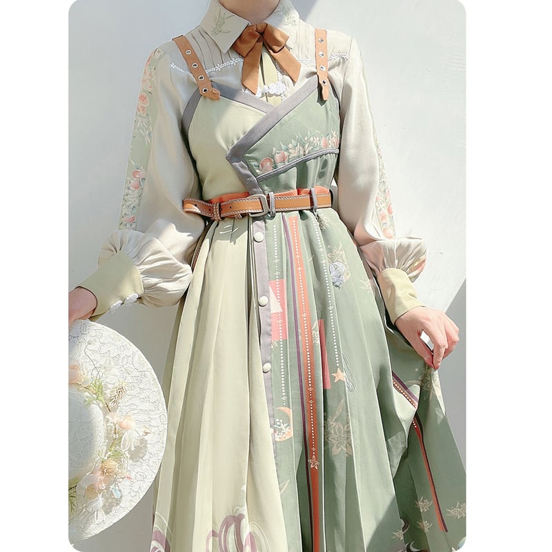 [Hanayu Poetry Series] ★Chinese style setup★ Shirt + hanging dress Green Green Cute Improved Hanfu